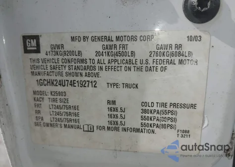 2004 Chevrolet Silverado 2500Hd Work Truck из США, поврежденный, VIN 1GCHK24U74E192712